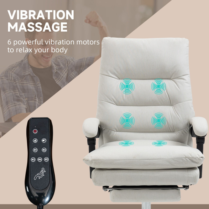 Executive Office Chair with 6-Point Massag, Microfibre Reclining Computer Chair with Footrest, Cream White