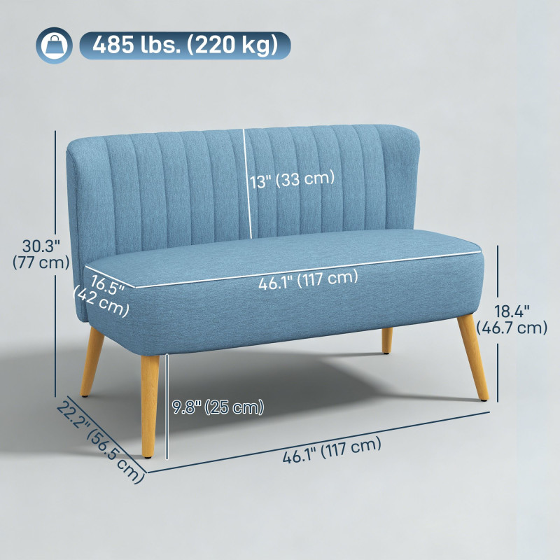 Modern 2 Seat Sofa for Bedroom, Upholstered Two Seater Couch with Rubber Wood Legs, Blue