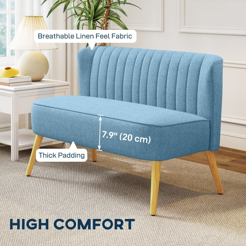 Modern 2 Seat Sofa for Bedroom, Upholstered Two Seater Couch with Rubber Wood Legs, Blue