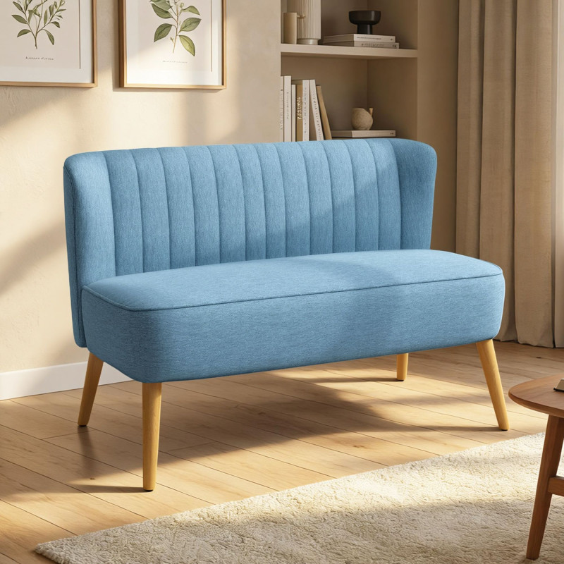 Modern 2 Seat Sofa for Bedroom, Upholstered Two Seater Couch with Rubber Wood Legs, Blue