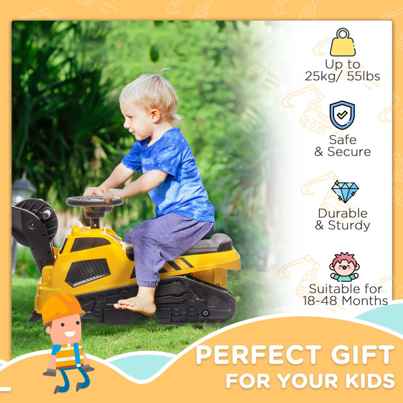 3 in 1 Ride-On Excavator Bulldozer Road Roller, No-Power Pretend Play Construction Vehicle with Music, for Ages 18–48 Months, Yellow