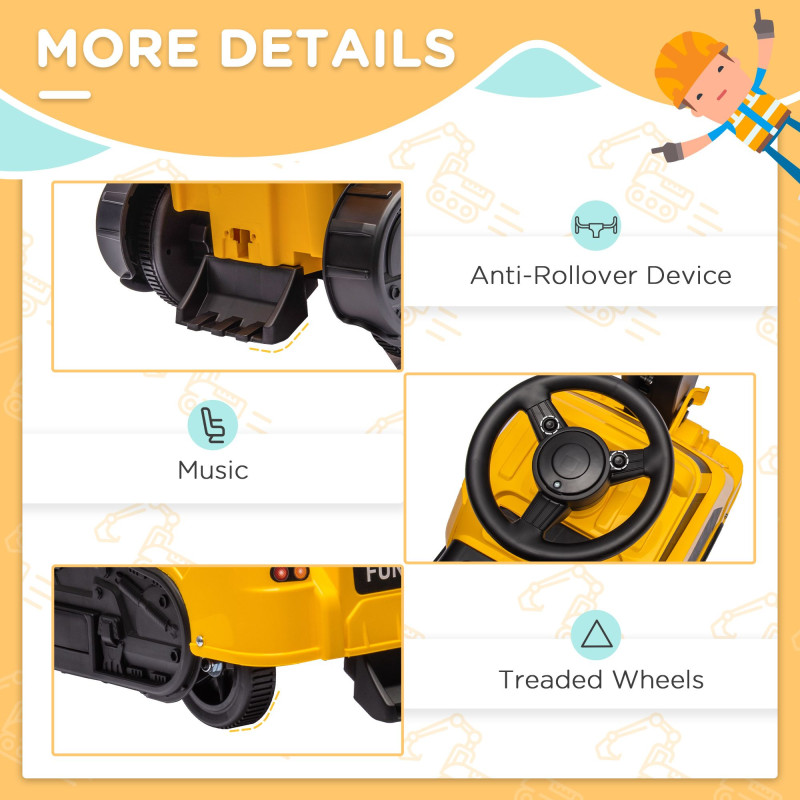 3 in 1 Ride-On Excavator Bulldozer Road Roller, No-Power Pretend Play Construction Vehicle with Music, for Ages 18–48 Months, Yellow