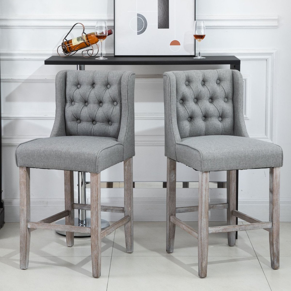 Set of 2 40Inch Button Tufted Bar stools High Counter Dining Height Chairs Grey