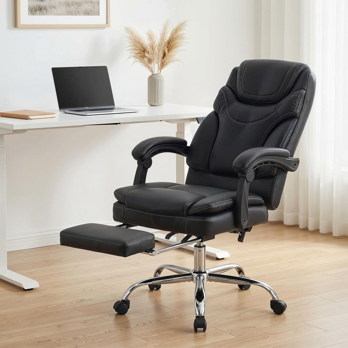 6 Point Vibration Massage Office Chair, PU Leather Heated Reclining Computer Chair with Footrest, Black