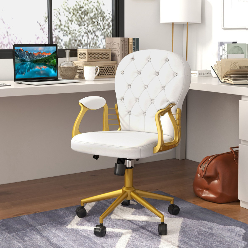 Velvet Office Desk Chair Button Tufted Vanity Chair with Swivel Wheels, Adjustable Height and Tilt Function, Cream White