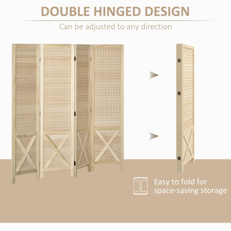 4.7' 4 Panel Wooden Room Divider with Pegboard Display, Folding Privacy Screen for Home Office, Natural