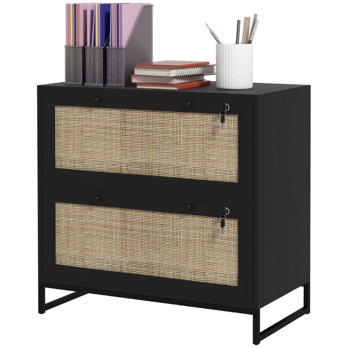 2-Drawer Filing Cabinet with Lock, Rattan File Cabinet with Adjustable Hanging Bar, Black