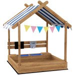 Outdoor Wooden Sandbox with Cover for 3-7 Years Old, Backyard, Brown
