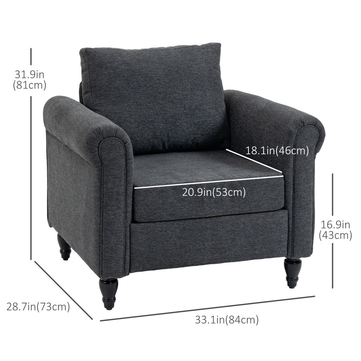 Vintage Armchair, Upholstered Accent Chair with Rolled Arms, Gourd-Shaped Rubber Wood Legs, Dark Grey