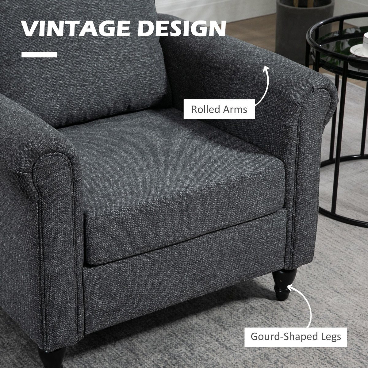 Vintage Armchair, Upholstered Accent Chair with Rolled Arms, Gourd-Shaped Rubber Wood Legs, Dark Grey