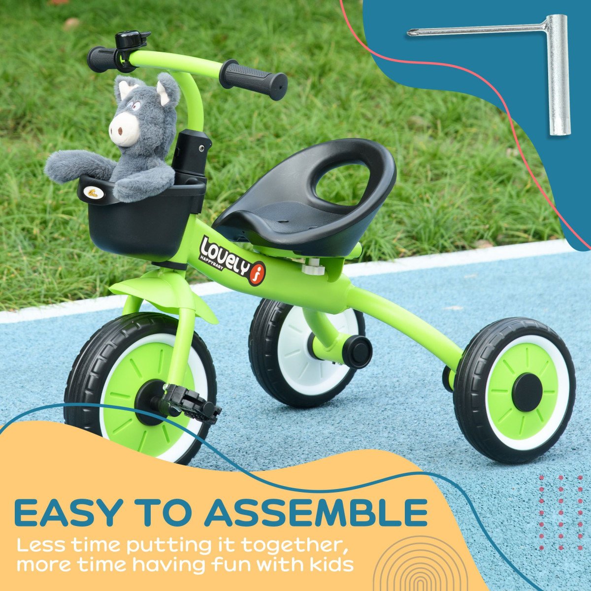 Qaba Tricycle for Toddler 2-5 Year Old Girls and Boys, Toddler Bike with Adjustable Seat, Basket, Bell, Green