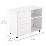 Modern Lateral Filing Cabinet, 3 Drawer File Cabinet for Letter and A4 Size Documents, Mobile, Printer Stand with Open Shelves, Rolling Wheels, White