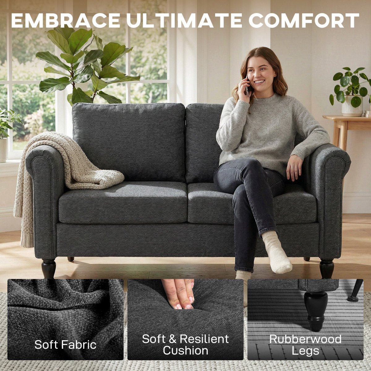 Vintage Loveseat, Upholstered Love Seat Furniture, Chenille-feel Fabric 2 Seater Sofa Couch with Rolled Arms, Gourd-Shaped Rubber Wood Legs for Living Room, Dark Grey