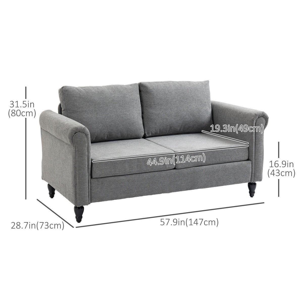 Vintage Loveseat, Upholstered Love Seat Furniture, Chenille-feel Fabric 2 Seater Sofa Couch with Rolled Arms, Gourd-Shaped Rubber Wood Legs for Living Room, Light Grey