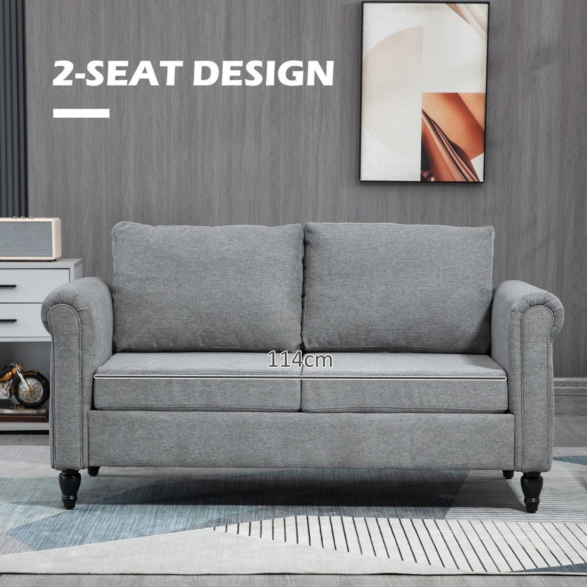 Vintage Loveseat, Upholstered Love Seat Furniture, Chenille-feel Fabric 2 Seater Sofa Couch with Rolled Arms, Gourd-Shaped Rubber Wood Legs for Living Room, Light Grey