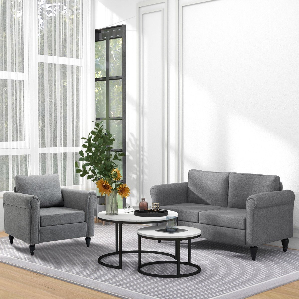 Vintage Loveseat, Upholstered Love Seat Furniture, Chenille-feel Fabric 2 Seater Sofa Couch with Rolled Arms, Gourd-Shaped Rubber Wood Legs for Living Room, Light Grey