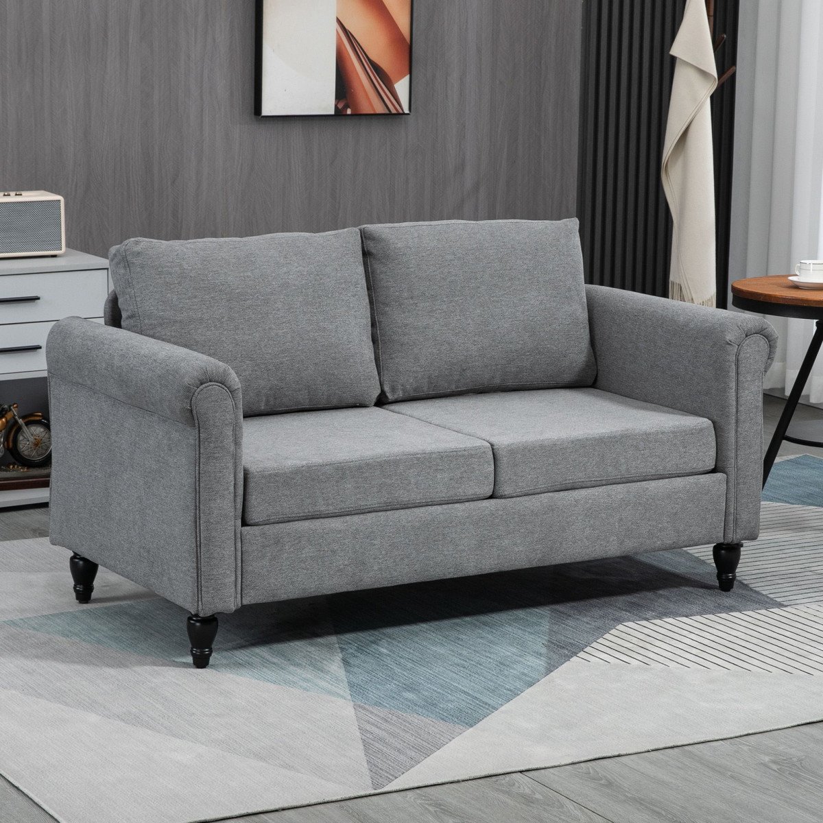 Vintage Loveseat, Upholstered Love Seat Furniture, Chenille-feel Fabric 2 Seater Sofa Couch with Rolled Arms, Gourd-Shaped Rubber Wood Legs for Living Room, Light Grey