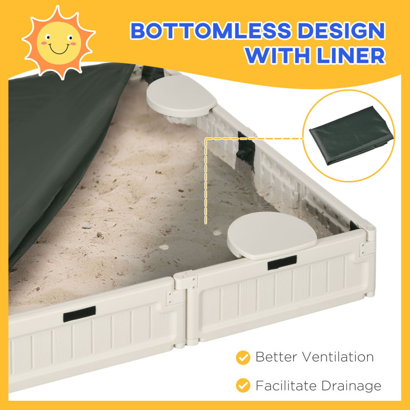 Kids Outdoor Sandbox with Canopy, Bottom Fabric Liner, Cream White