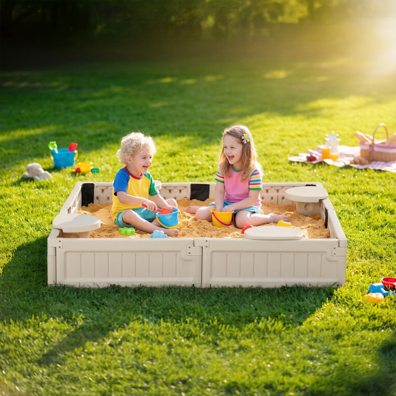 Kids Outdoor Sandbox with Canopy, Bottom Fabric Liner, Cream White