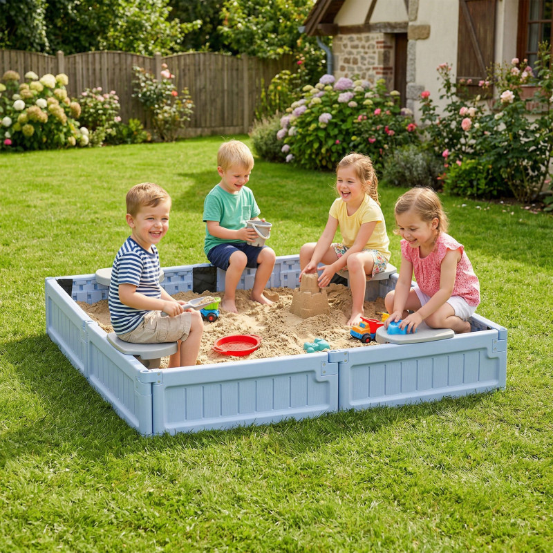 Kids Outdoor Sandbox with Canopy, Bottom Fabric Liner, Light Blue