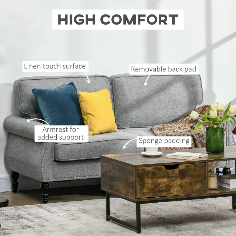 Stylish Midback Double Sofa with Sponge Padding, 2 Seater Sofa Couch, with Rubber Wood Leg, Grey