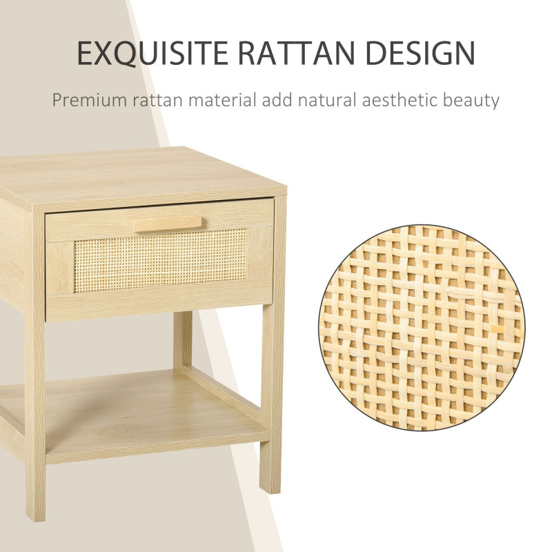 Narrow Nightstand with Rattan Elements, Bedside Table with Drawer and Storage Shelf for Bedroom, Natural