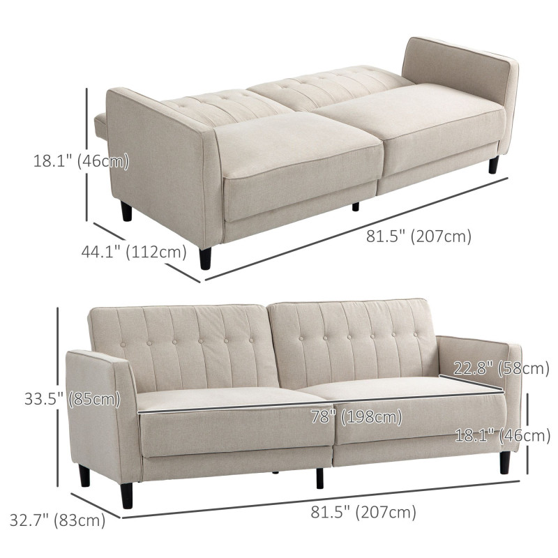 Convertible Bed with Couch, Button Tufted Fabric Sofa Bed with Adjustable Back for Living Room, Beige