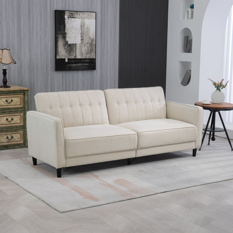 Convertible Bed with Couch, Button Tufted Fabric Sofa Bed with Adjustable Back for Living Room, Beige