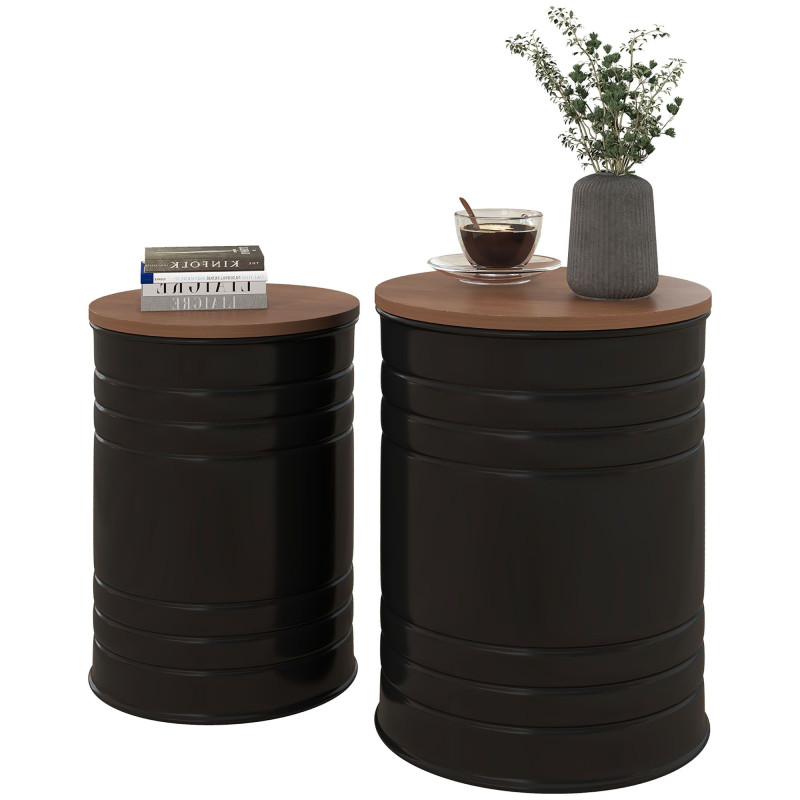 Round Side Table Set of 2, Nesting Coffee Tables w/ Wooden Lid, Metal Frame and Hidden Storage Space for Bedroom, Black