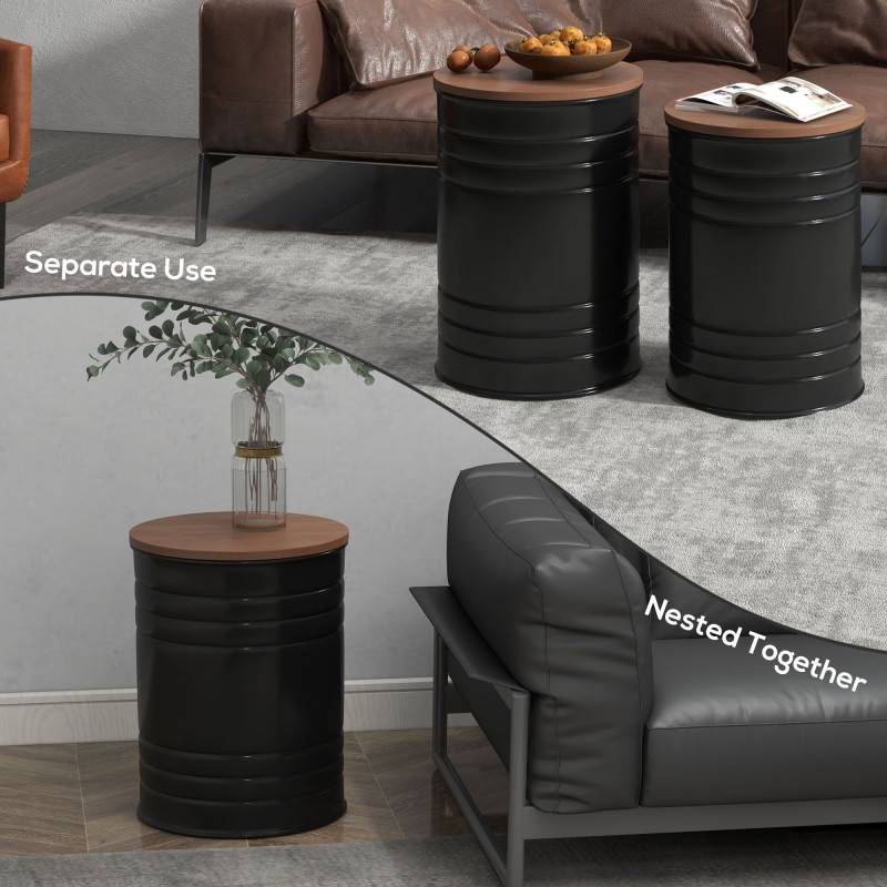 Round Side Table Set of 2, Nesting Coffee Tables w/ Wooden Lid, Metal Frame and Hidden Storage Space for Bedroom, Black