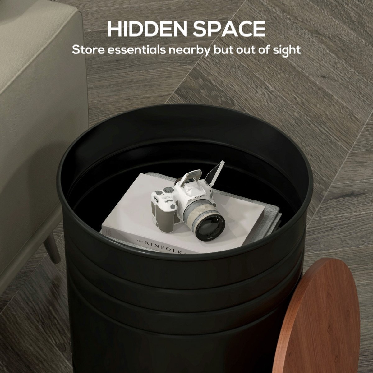 Round Side Table Set of 2, Nesting Coffee Tables w/ Wooden Lid, Metal Frame and Hidden Storage Space for Bedroom, Black