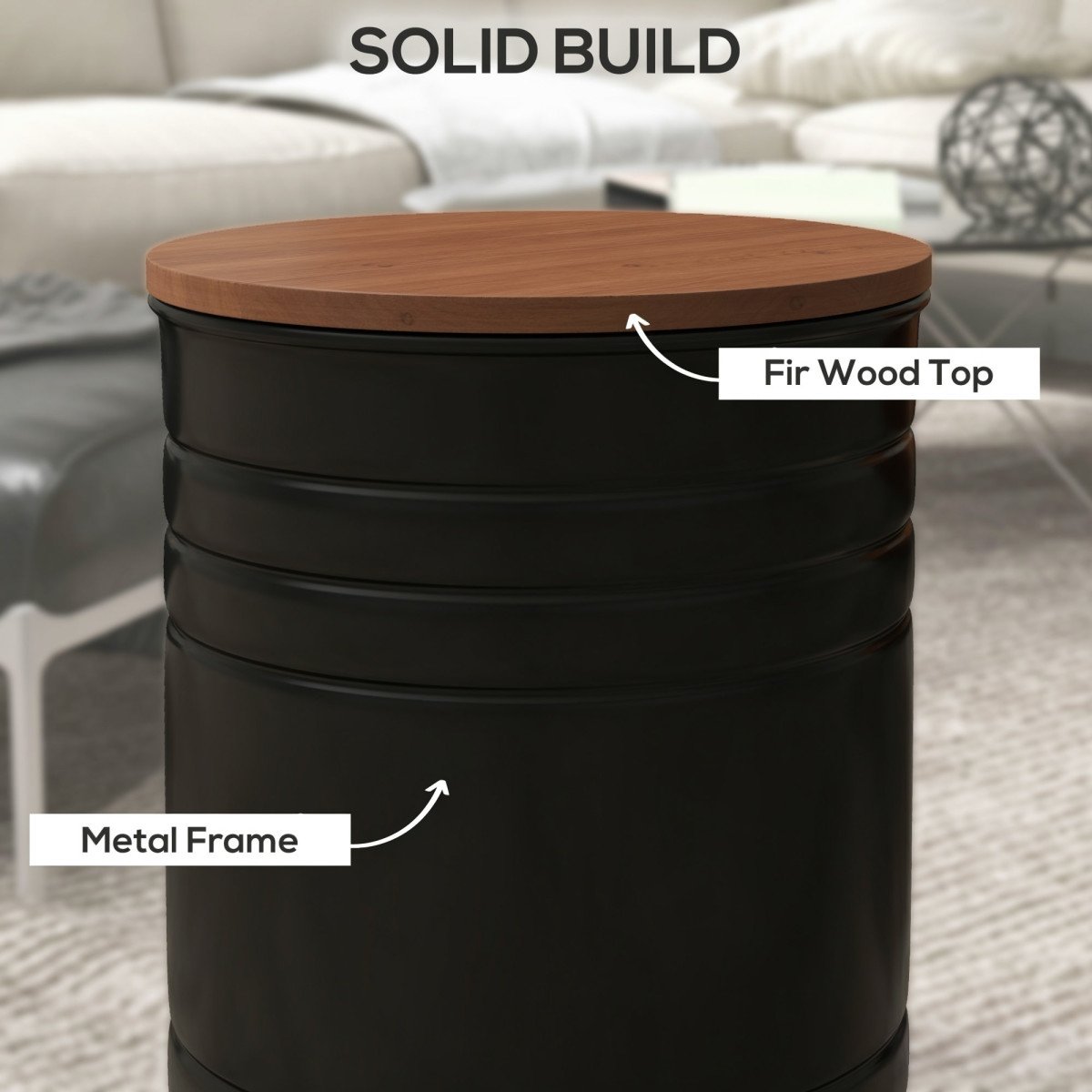 Round Side Table Set of 2, Nesting Coffee Tables w/ Wooden Lid, Metal Frame and Hidden Storage Space for Bedroom, Black