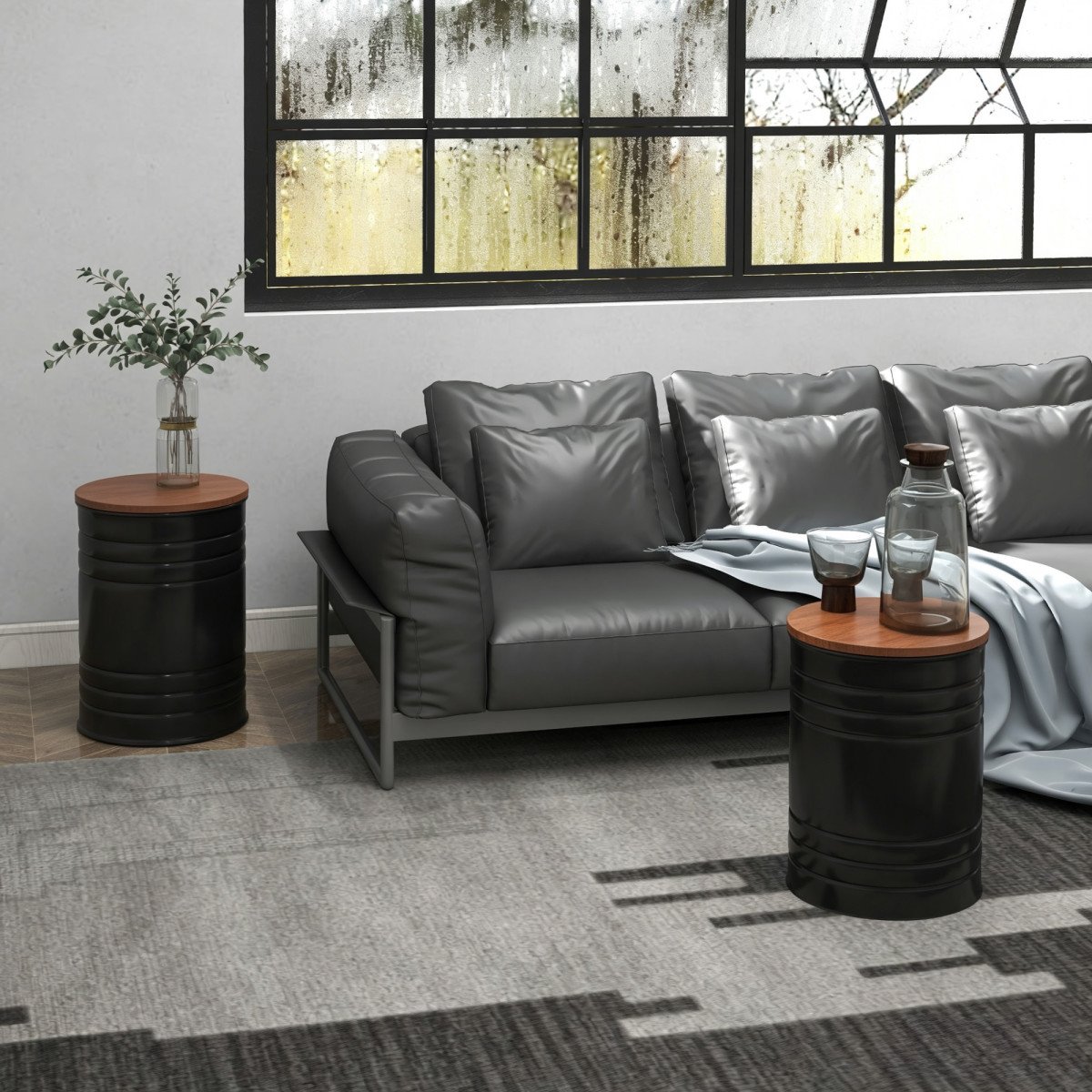 Round Side Table Set of 2, Nesting Coffee Tables w/ Wooden Lid, Metal Frame and Hidden Storage Space for Bedroom, Black