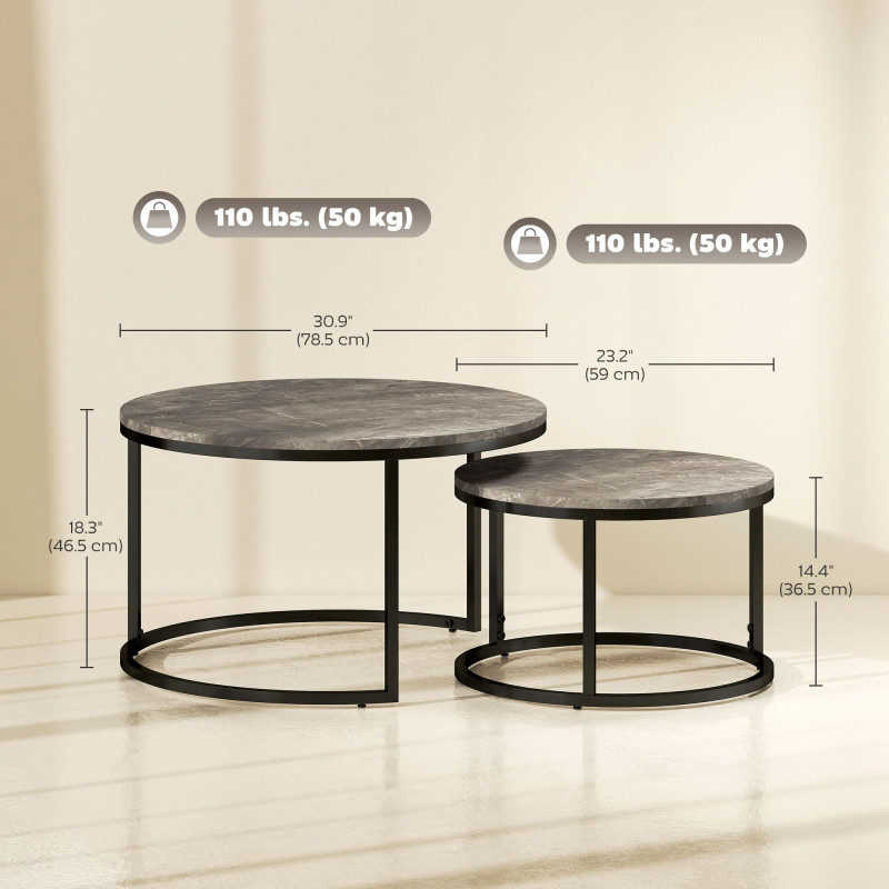 Modern Coffee Table Set of 2, Nesting Side Tables w/ Metal Base for Living Room Bedroom Office Faux Marbled Grey