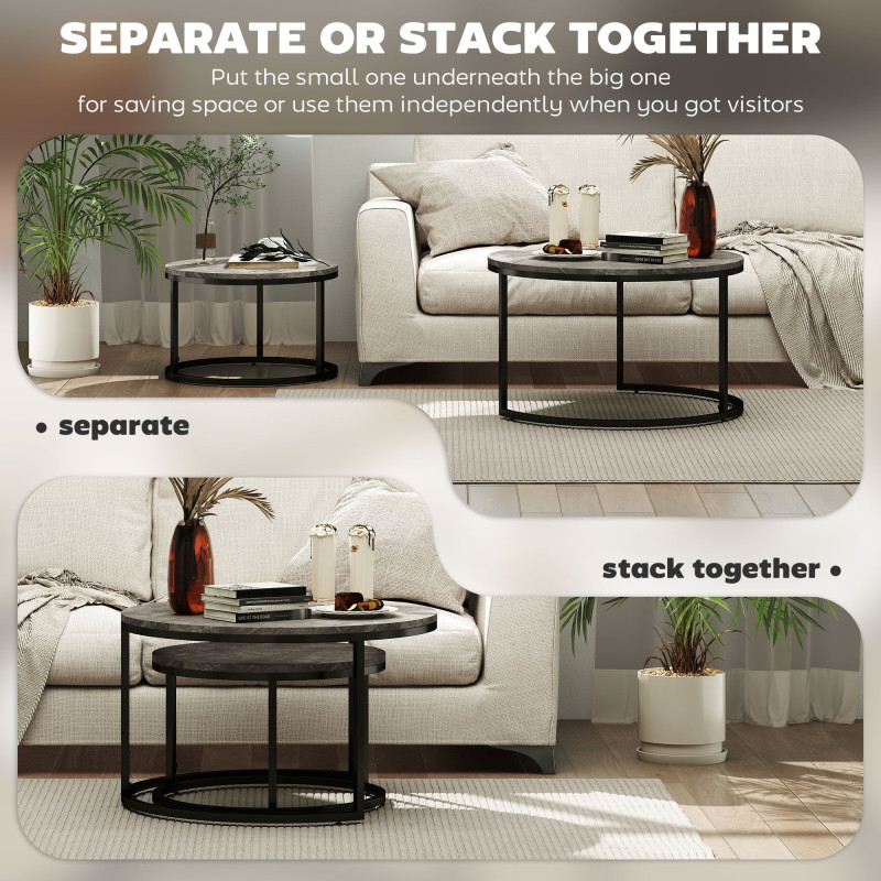 Modern Coffee Table Set of 2, Nesting Side Tables w/ Metal Base for Living Room Bedroom Office Faux Marbled Grey