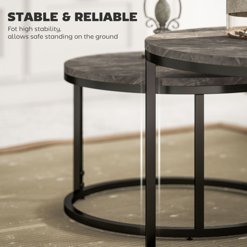 Modern Coffee Table Set of 2, Nesting Side Tables w/ Metal Base for Living Room Bedroom Office Faux Marbled Grey