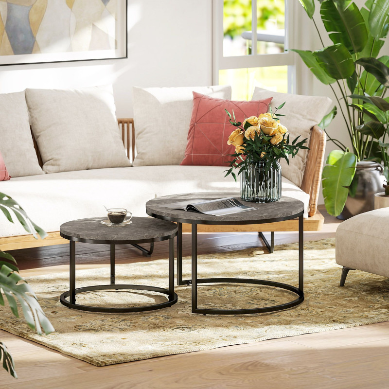 Modern Coffee Table Set of 2, Nesting Side Tables w/ Metal Base for Living Room Bedroom Office Faux Marbled Grey