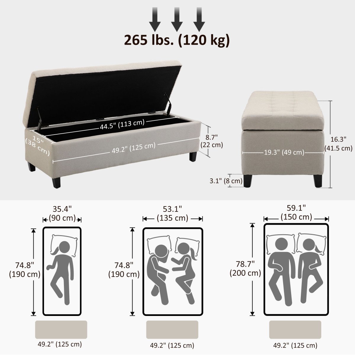 Rectangular Entry Bench, Tufted Upholstered Linen Fabric Wood Feet Storage Ottoman Bench, Beige