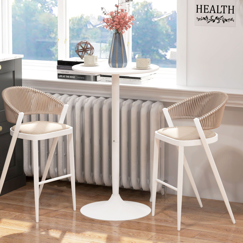High Top Bar Table, Modern Round Dining Table with Painted Top and Steel Base, Bistro Table for 2 People, White