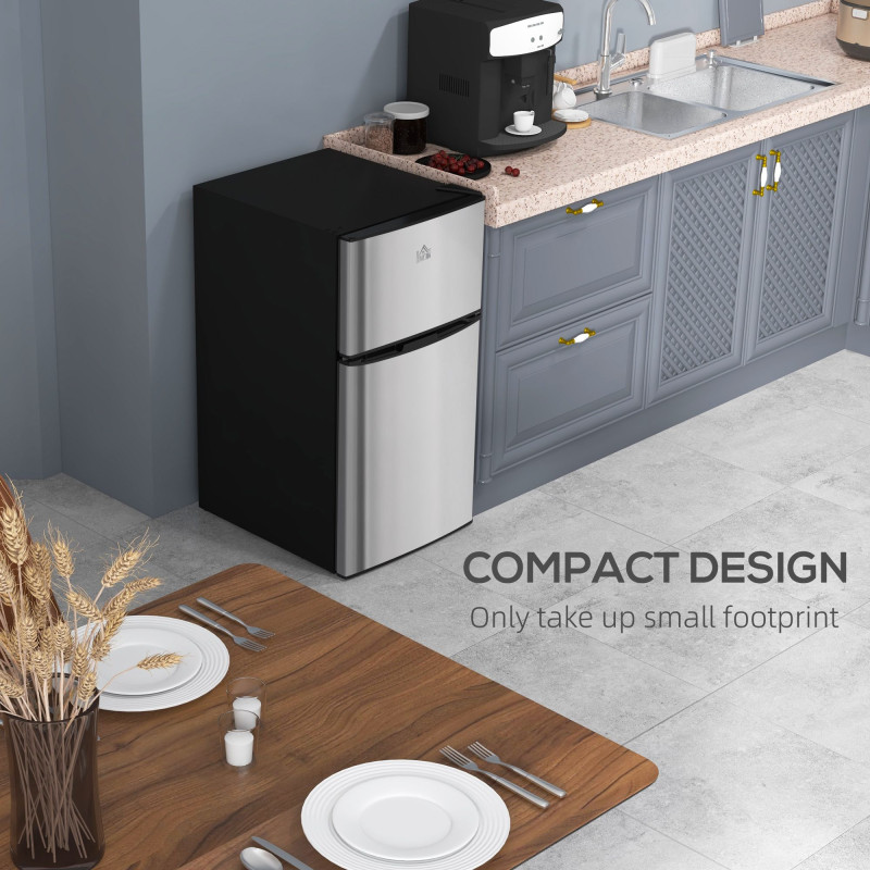 3.2 Cu Ft Compact Refrigerator, Mini Fridge with Freezer, Adjustable Shelves and Reversible Doors for Bedroom, Silver