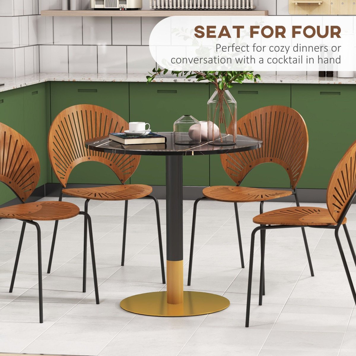 Round Dining Table, Modern Dining Room Table with Faux Marble Top, Steel Base, Space Saving Small Kitchen Table, Black