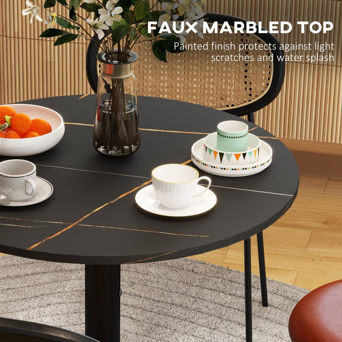 Round Dining Table, Modern Dining Room Table with Faux Marble Top, Steel Base, Space Saving Small Kitchen Table, Black