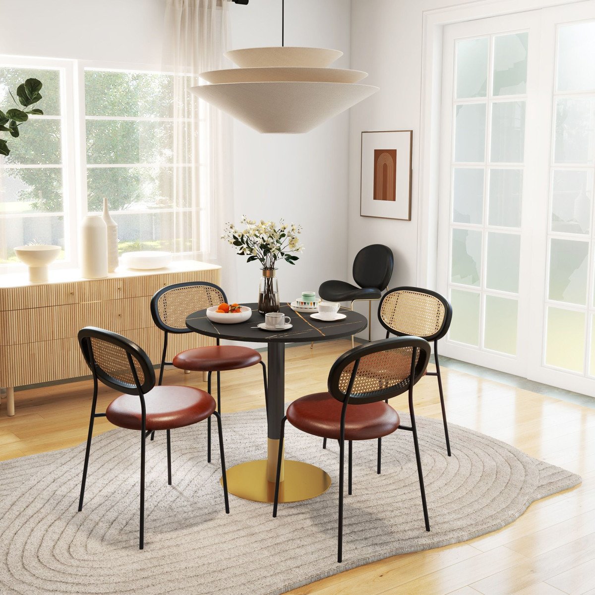 Round Dining Table, Modern Dining Room Table with Faux Marble Top, Steel Base, Space Saving Small Kitchen Table, Black