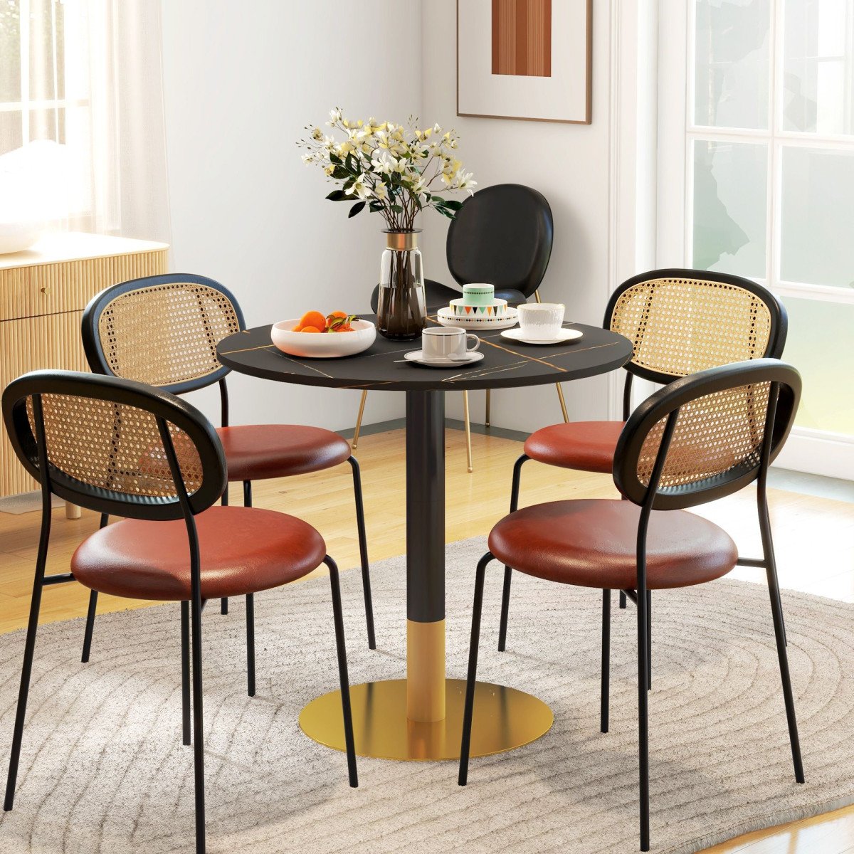 Round Dining Table, Modern Dining Room Table with Faux Marble Top, Steel Base, Space Saving Small Kitchen Table, Black