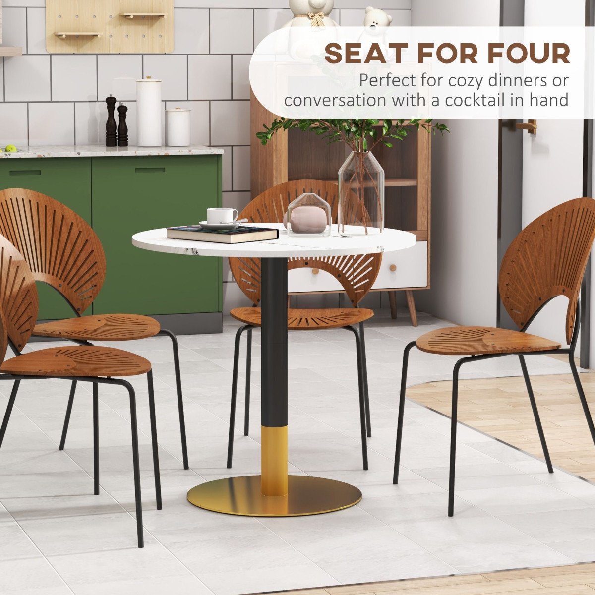 Round Dining Table, Modern Dining Room Table with Faux Marble Top, Steel Base, Space Saving Small Kitchen Table, White