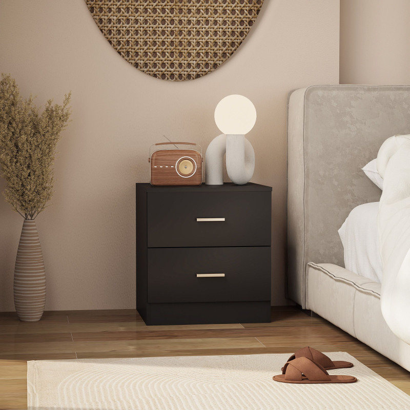 Bedside Table with 2 Drawers, Modern Nightstand for Bedroom, Black