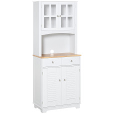 Coastal Style Kitchen Buffet and Hutch Wooden Storage Cupboard with Framed Glass Door LouveredCabinet  Drawers Microwave Space for Dining Room  Living Room  White