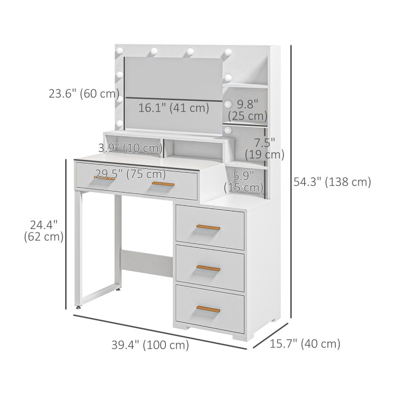 Illuminated Dresssing Table, LED Vanity Table with Mirror, Drawer and Storage Shelves for Bedroom, White