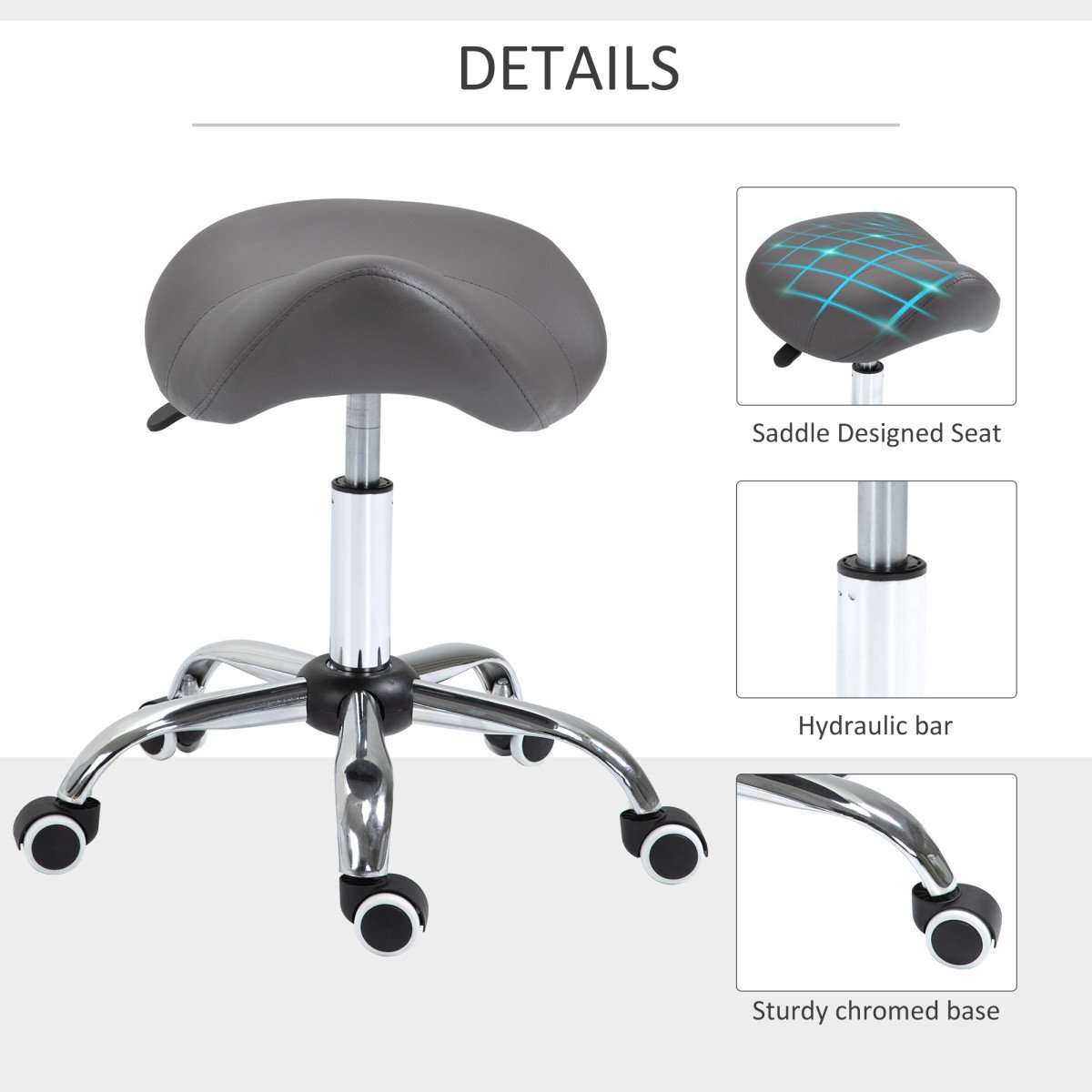 Adjustable Hydraulic Rolling Salon Stool Swivel Saddle Chair Spa Beauty Seat PU Leather, Grey