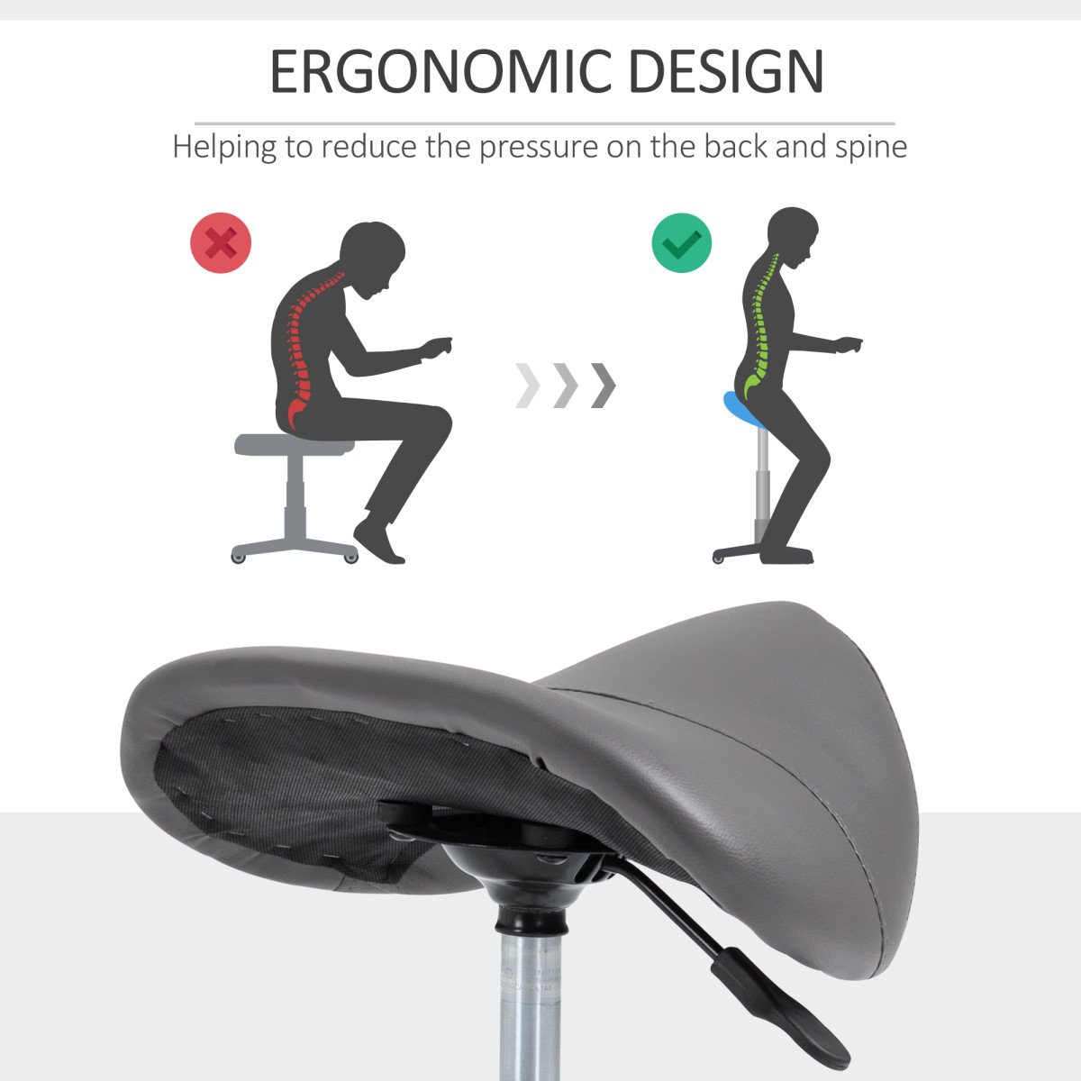 Adjustable Hydraulic Rolling Salon Stool Swivel Saddle Chair Spa Beauty Seat PU Leather, Grey